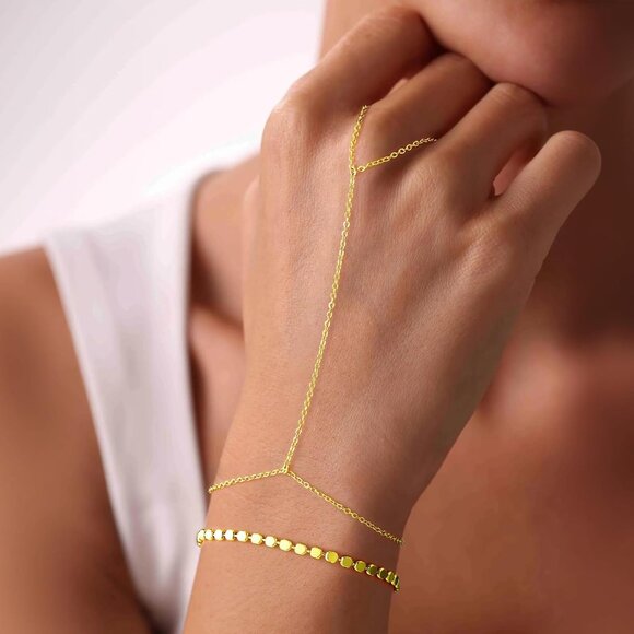 Dainty 14K Gold Plated Hand Chain Flat Bead Bracelet Women Layered Ring Jewelry - Picture 2 of 7